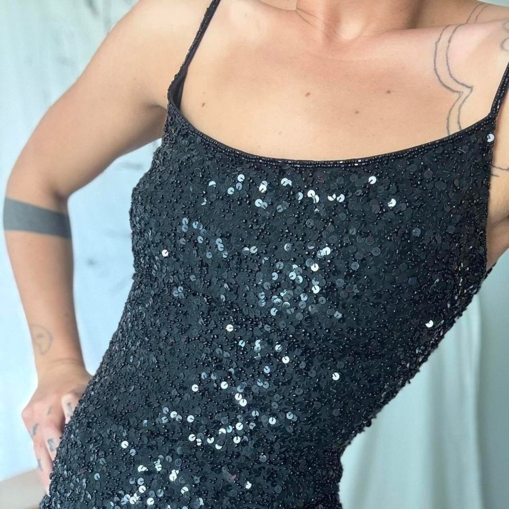 Vintage Cache 100% Silk Black Sequin Mini Fringe Hem Party Little Black Dress